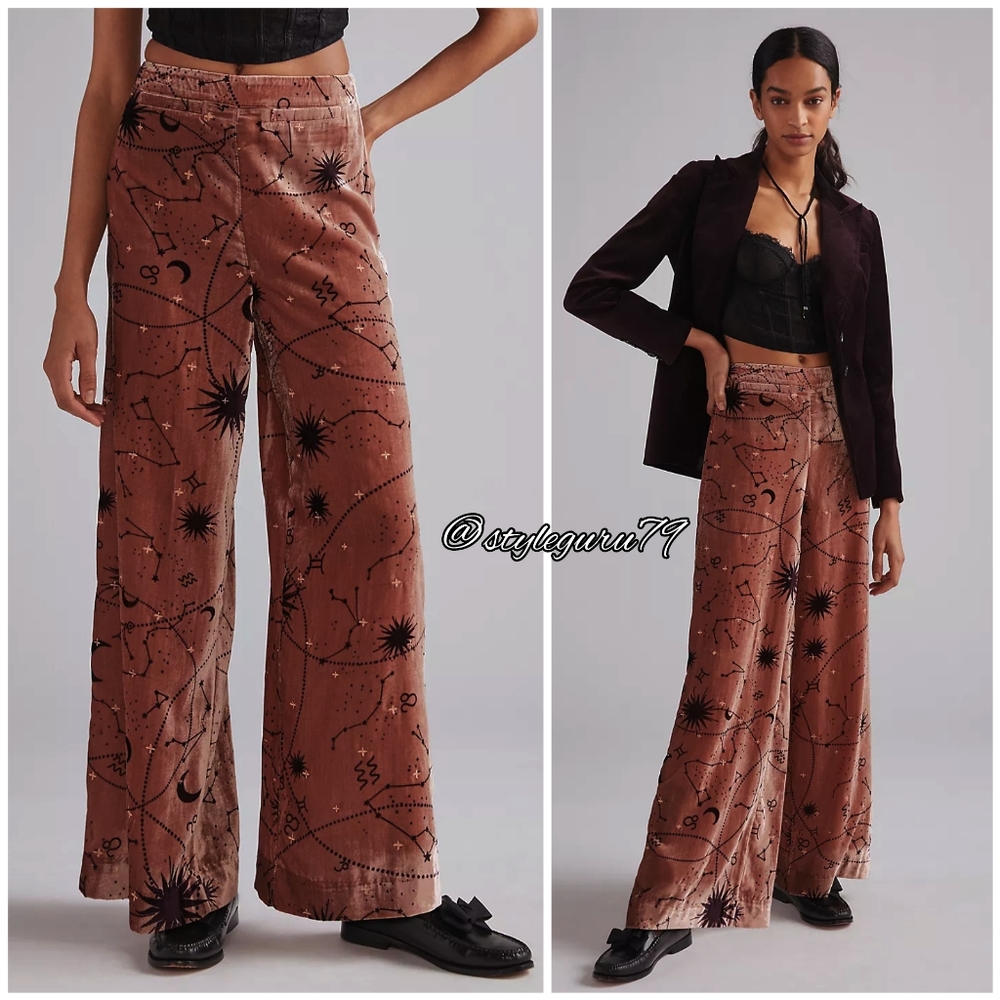 NWT, Anthropologie, Embroidered Velvet Wide-Leg Pants